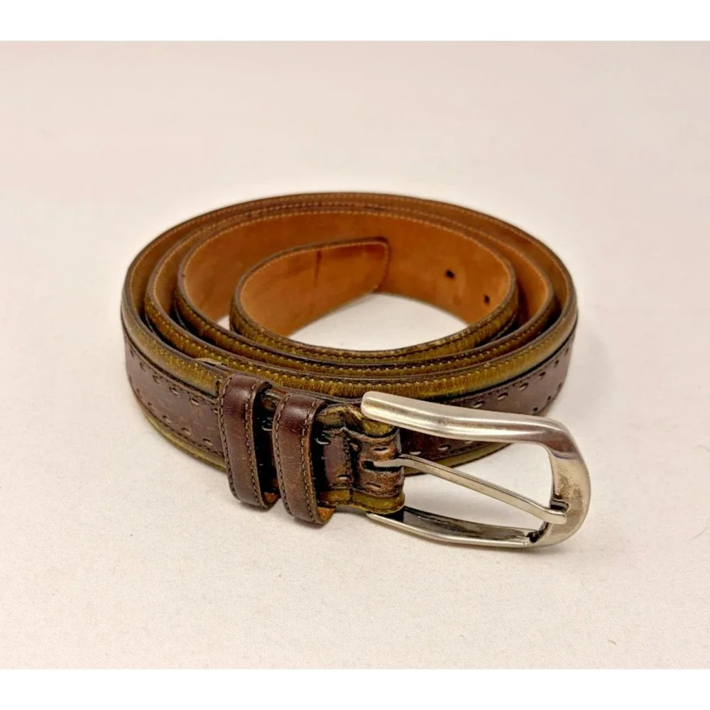 Mezlan Brown Green Leather Croc Embossed Belt Size 44 Made in Spain Men's M